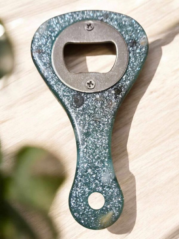 Blue & silver glitter sea themed bottle opener with real sea shells