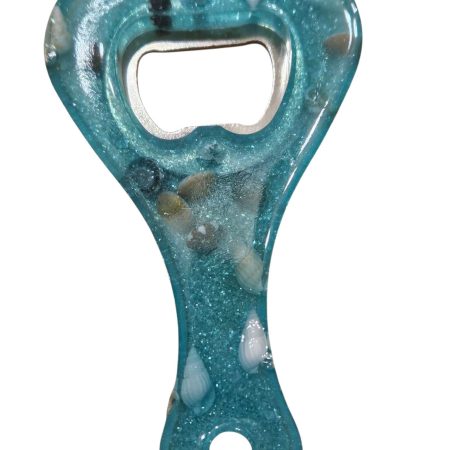 Blue & silver glitter sea themed bottle opener with real sea shells
