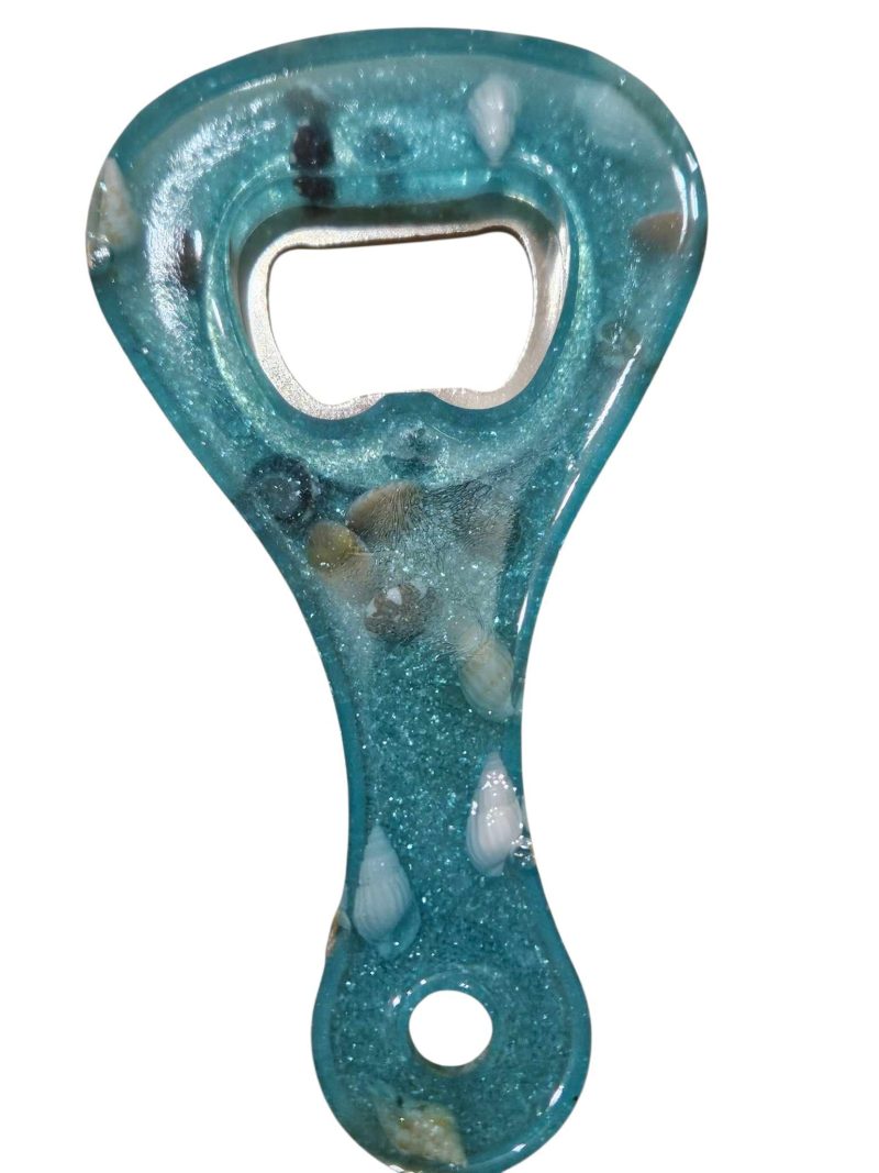 Blue & silver glitter sea themed bottle opener with real sea shells