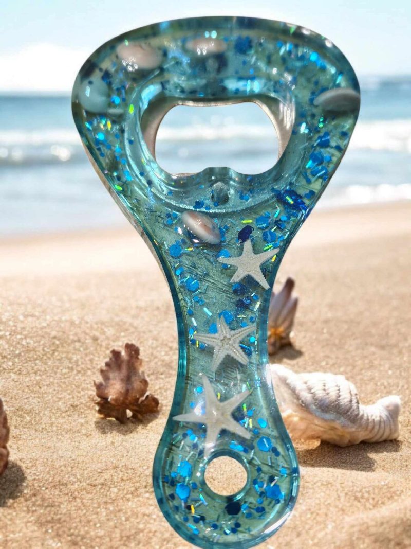 Seashells, starfish & glitter nautical resin bottle opener