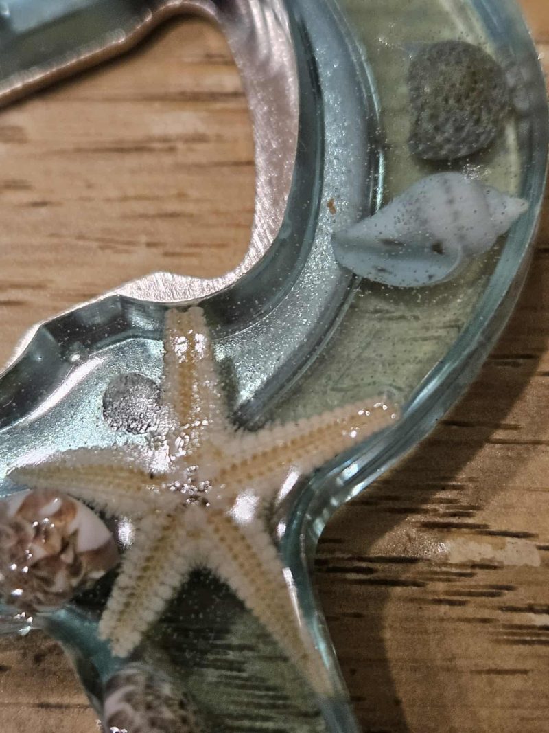 Beach themed blue resin bottle opener with real sea shell & starfish