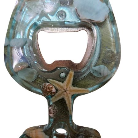Beach themed blue resin bottle opener with real sea shell & starfish