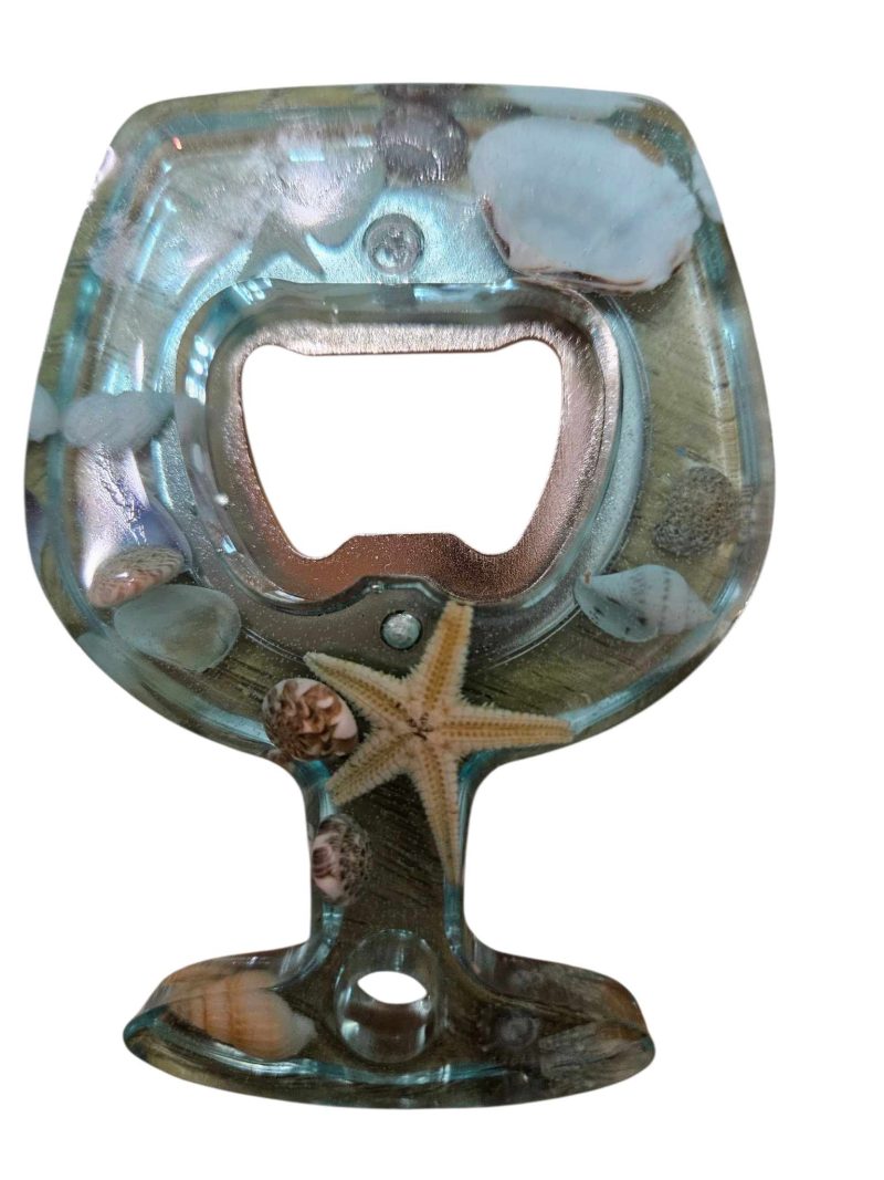 Beach themed blue resin bottle opener with real sea shell & starfish