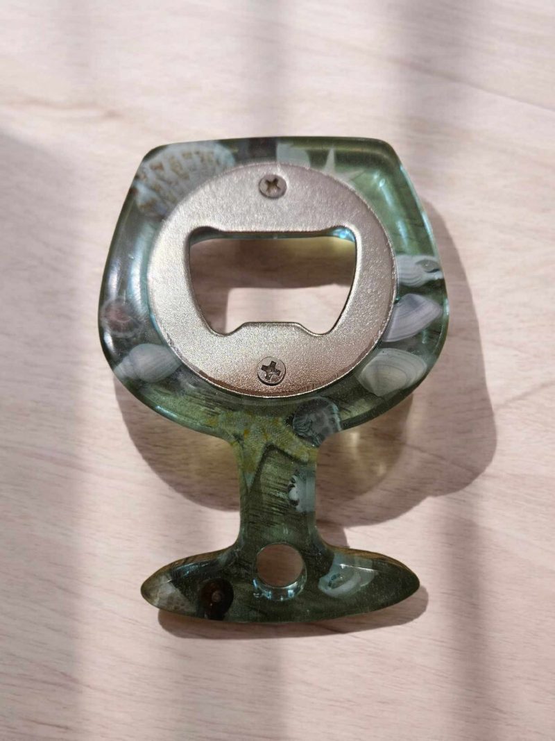 Beach themed blue resin bottle opener with real sea shell & starfish