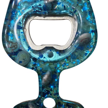 Blue & silver glitter resin bottle opener with real sea shells.