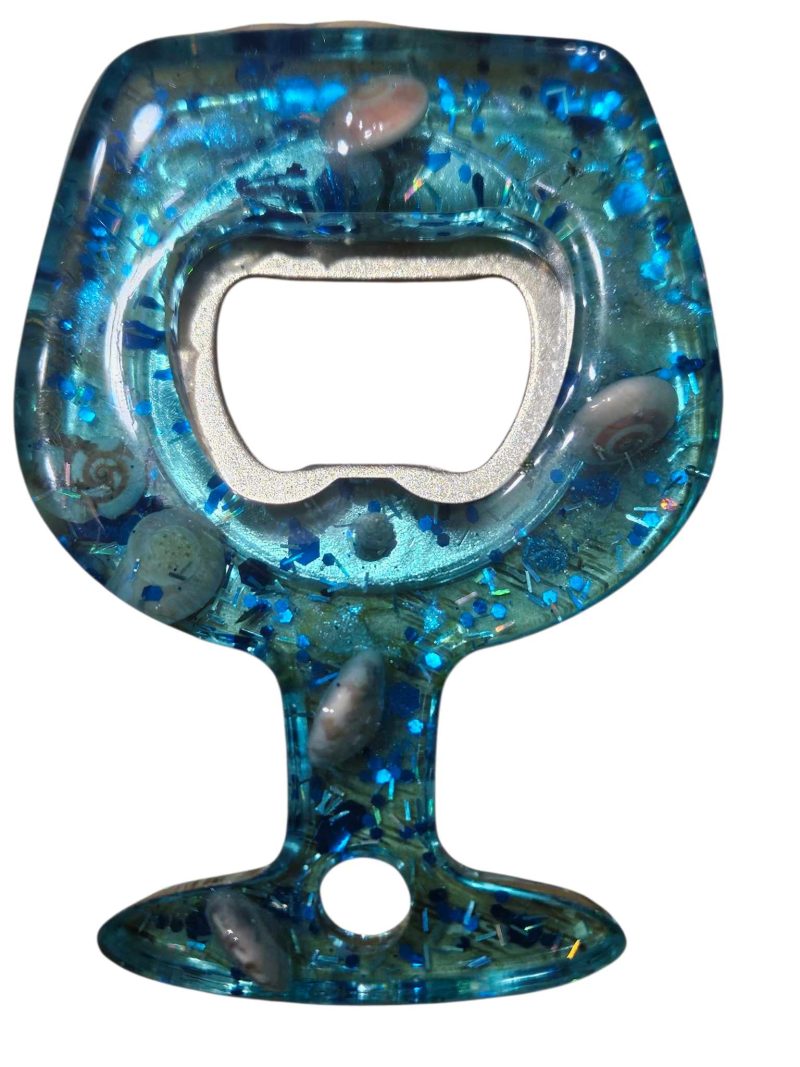 Blue & silver glitter resin bottle opener with real sea shells.