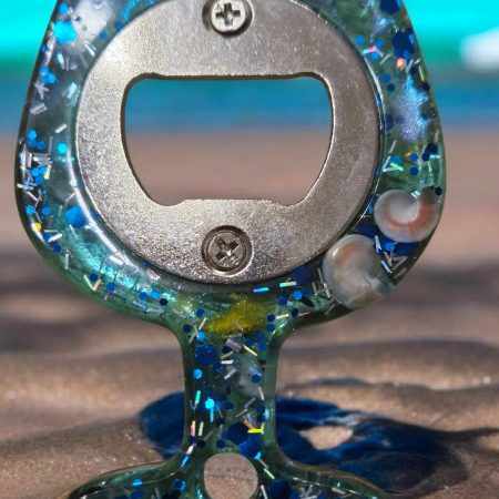 Blue & silver glitter resin bottle opener with real sea shells.