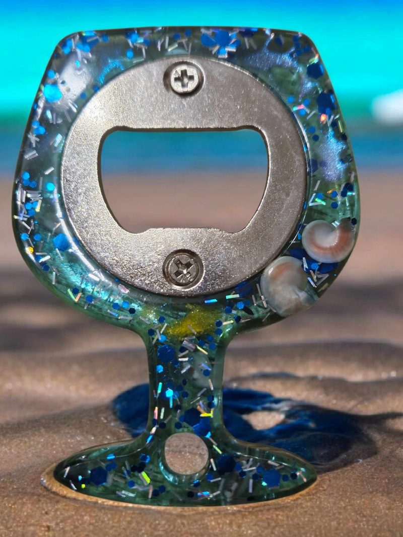 Blue & silver glitter resin bottle opener with real sea shells.
