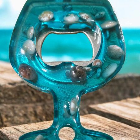 Blue resin sea theamed bottle opener with real sea shells