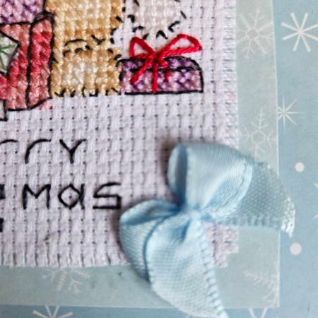 North pole robin hand made cross stitched card 10cm x 11cm