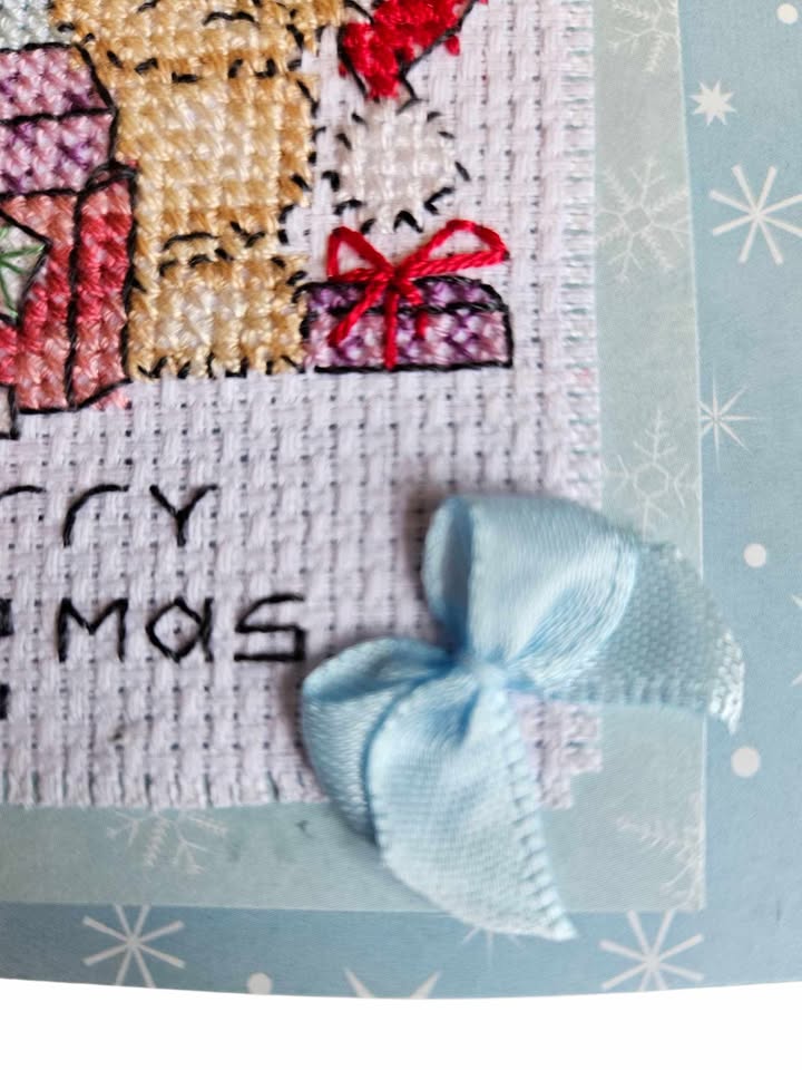 North pole robin hand made cross stitched card 10cm x 11cm