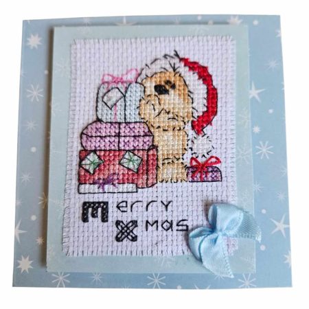 Christmas gift bear hand made cross stitched card. 11cm x 11cm