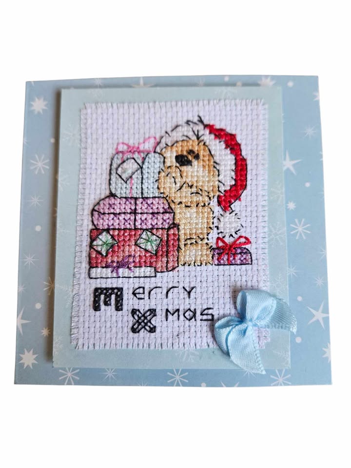 Christmas gift bear hand made cross stitched card. 11cm x 11cm