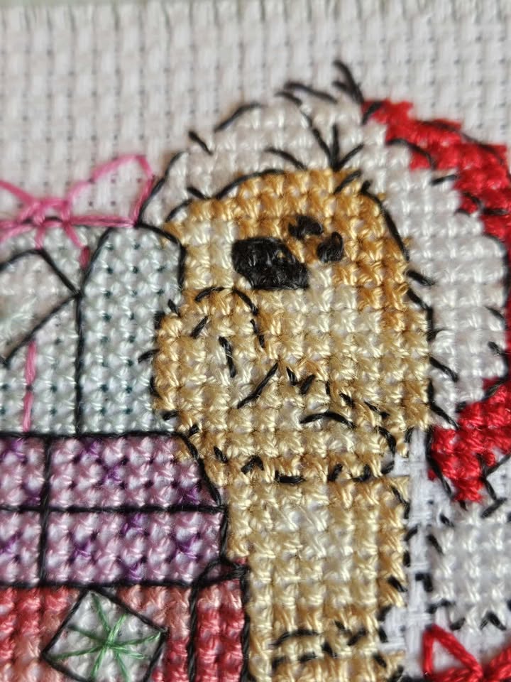 North pole robin hand made cross stitched card 10cm x 11cm