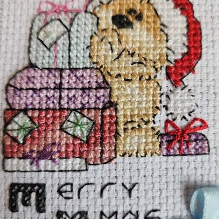 North pole robin hand made cross stitched card 10cm x 11cm