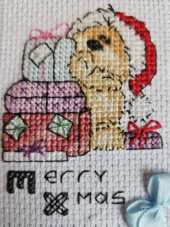 North pole robin hand made cross stitched card 10cm x 11cm