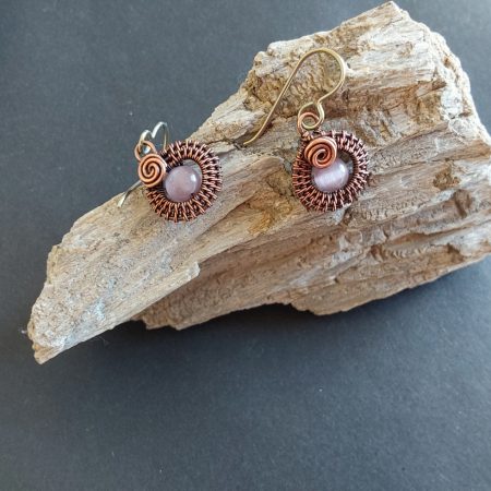 Mauve Cats Eye copper wire weave non-tarnishing earrings with hypoallergenic ear wires