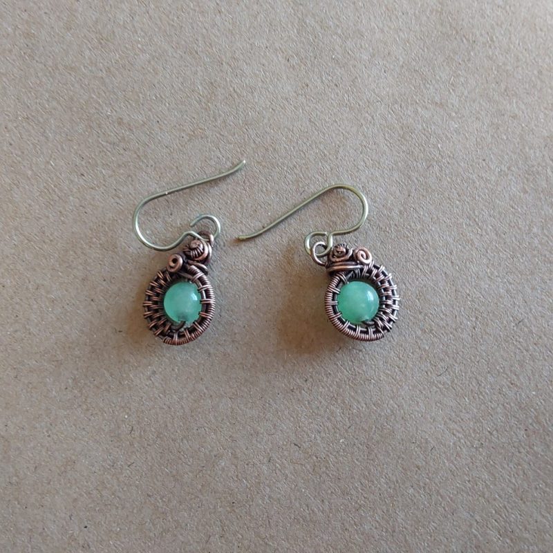 Semi-precious green Aventurine, antiqued copper wire weave non-tarnishing dangly earrings, approximately 1.5 cm in length, and fitted with Niobium hypoallergenic ear wires