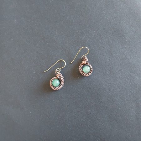 Semi-precious green Aventurine, antiqued copper wire weave non-tarnishing dangly earrings, approximately 1.5 cm in length, and fitted with Niobium hypoallergenic ear wires