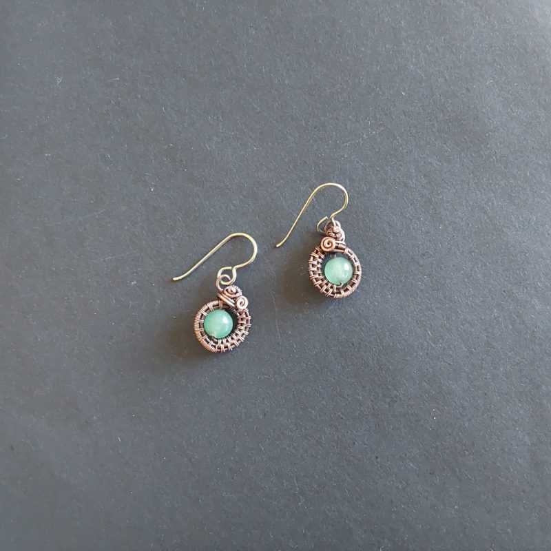 Semi-precious green Aventurine, antiqued copper wire weave non-tarnishing dangly earrings, approximately 1.5 cm in length, and fitted with Niobium hypoallergenic ear wires