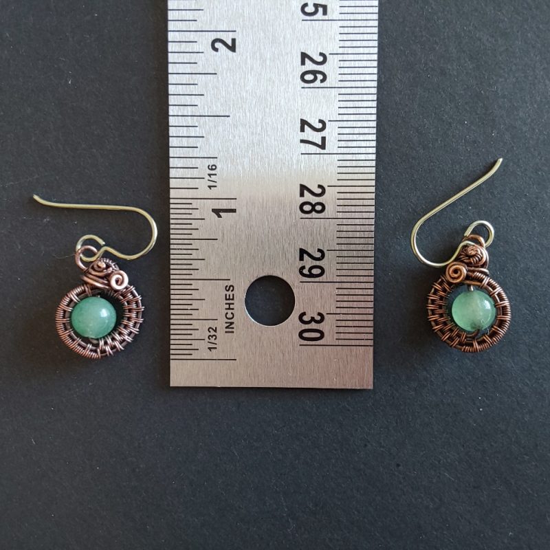 Semi-precious green Aventurine, antiqued copper wire weave non-tarnishing dangly earrings, approximately 1.5 cm in length, and fitted with Niobium hypoallergenic ear wires