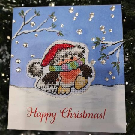 North pole robin hand made cross stitched card 10cm x 11cm