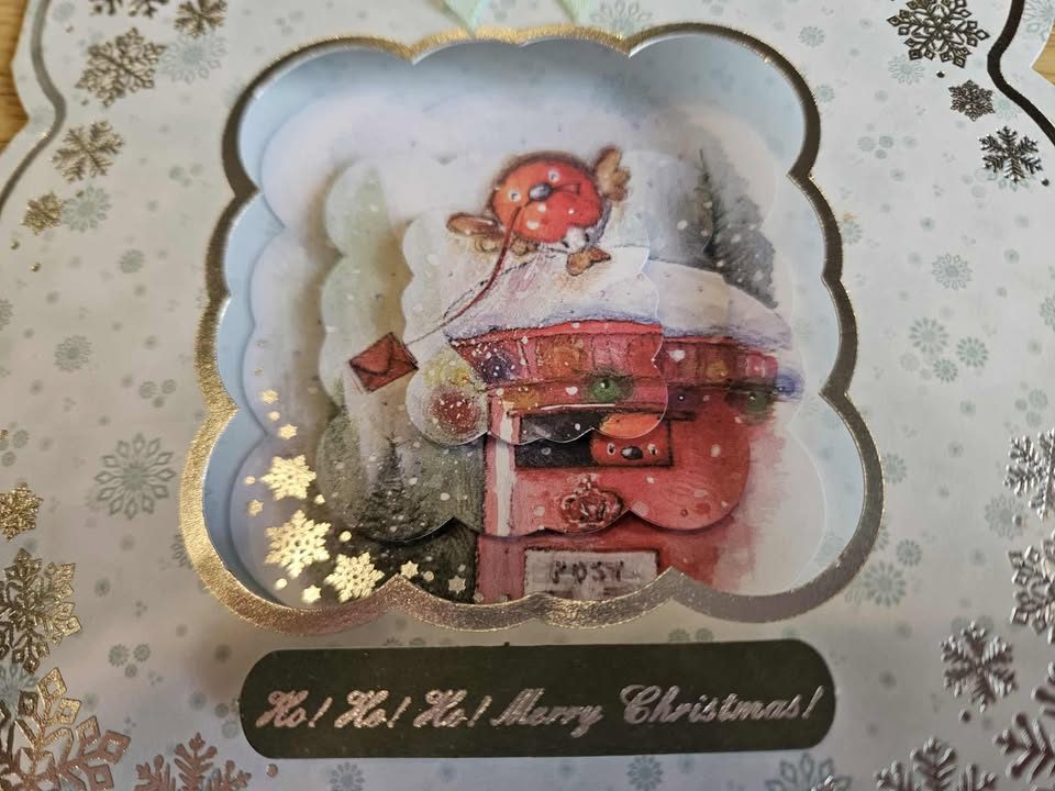 Silver & sage green postbox decoupage christmas card 15cm x 15cm