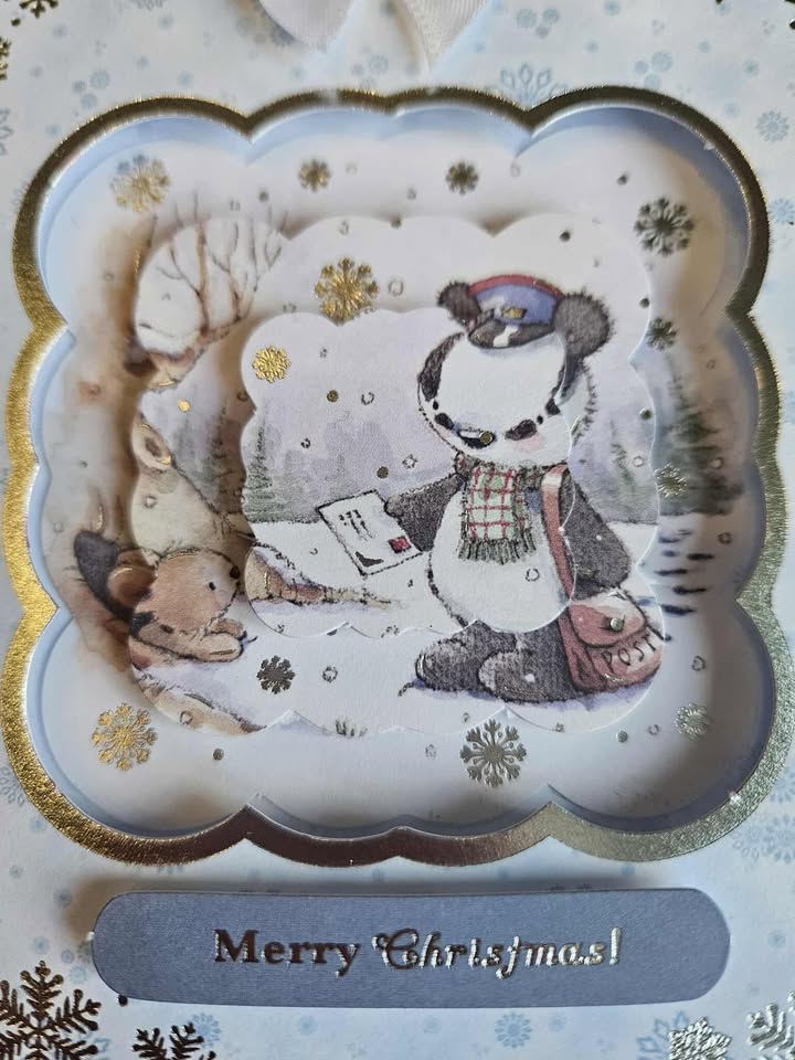 Silver & blue christmas badger decoupage christmas card 15cm x 15cm