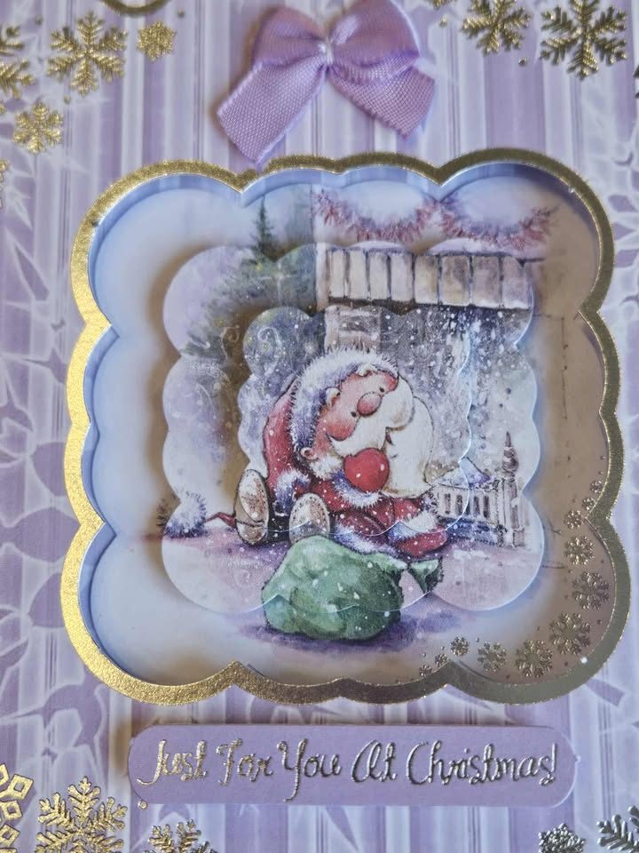 Silver & lilac father christmas decoupage christmas card 15cm x 15cm