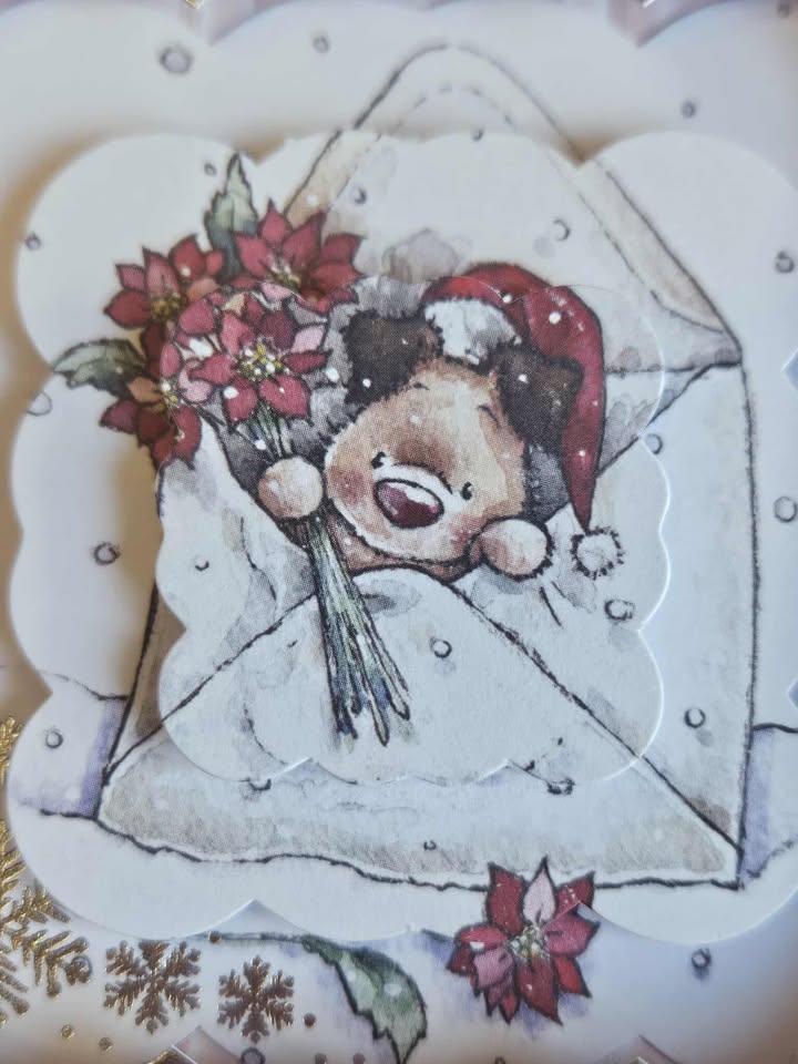 Silver & pink father christmas teddy bear decoupage christmas card 15cm x 15cm