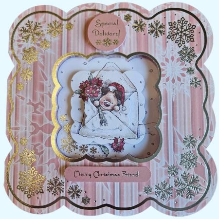 Silver & pink father christmas teddy bear decoupage christmas card 15cm x 15cm