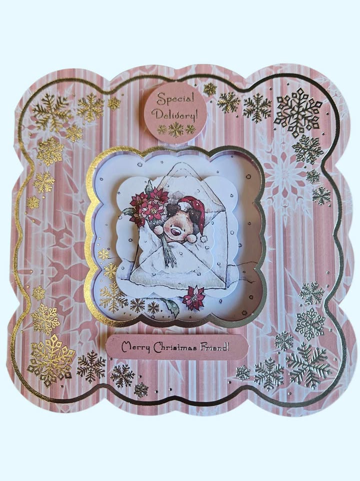 Silver & pink father christmas teddy bear decoupage christmas card 15cm x 15cm