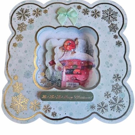 Silver & sage green postbox decoupage christmas card 15cm x 15cm