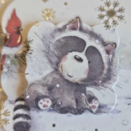 Silver & sage green raccoon decoupage christmas card 15cm x 15cm