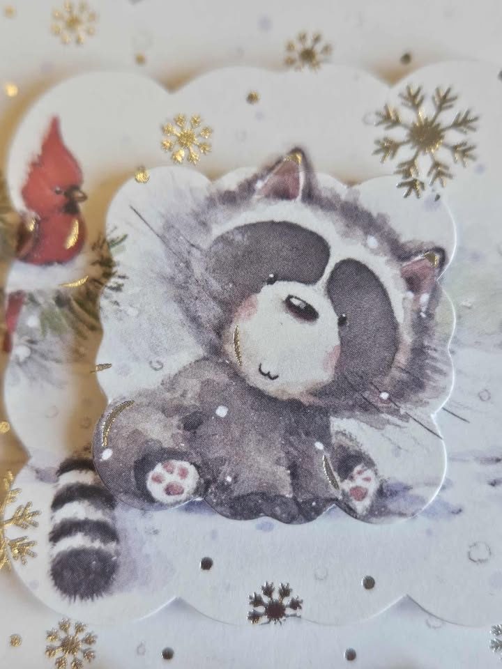 Silver & sage green raccoon decoupage christmas card 15cm x 15cm