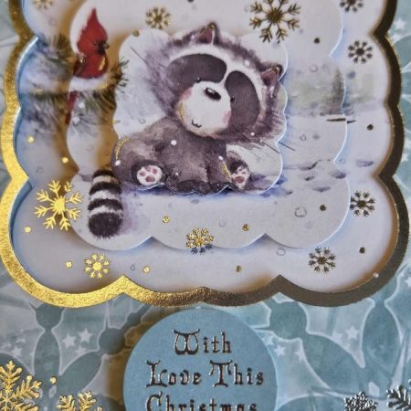 Silver & sage green raccoon decoupage christmas card 15cm x 15cm
