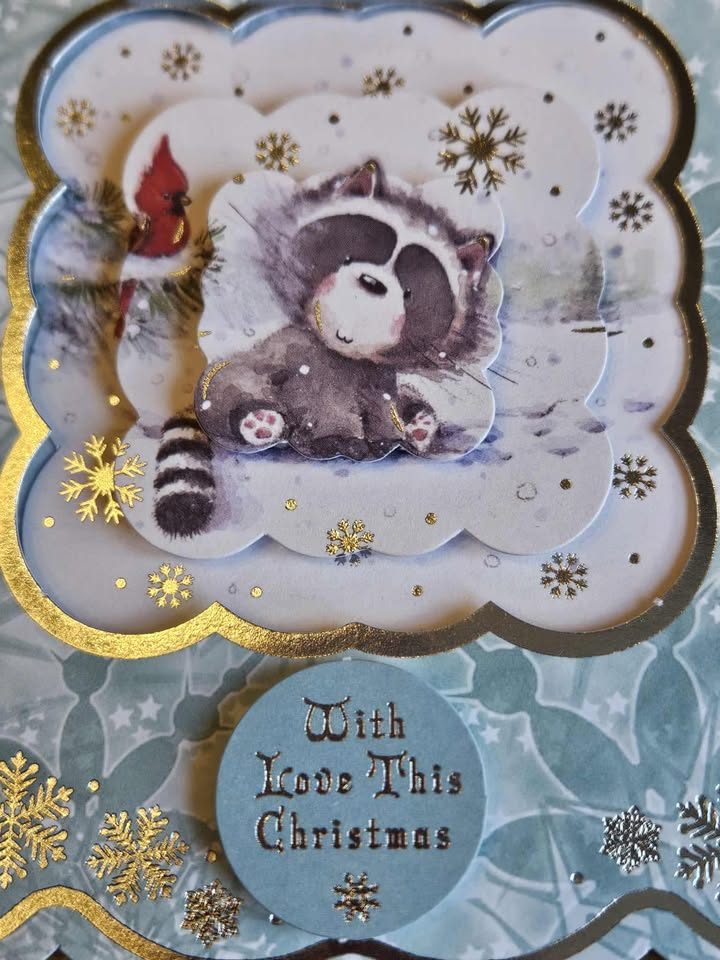 Silver & sage green raccoon decoupage christmas card 15cm x 15cm