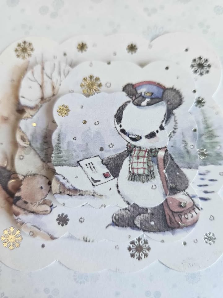 Silver & blue christmas badger decoupage christmas card 15cm x 15cm