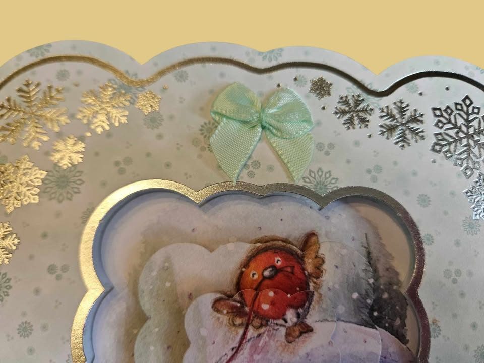 Silver & sage green postbox decoupage christmas card 15cm x 15cm