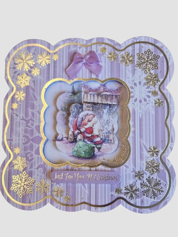 Silver & lilac father christmas decoupage christmas card 15cm x 15cm