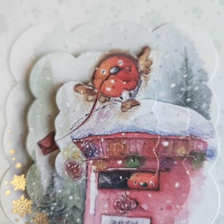 Silver & sage green postbox decoupage christmas card 15cm x 15cm