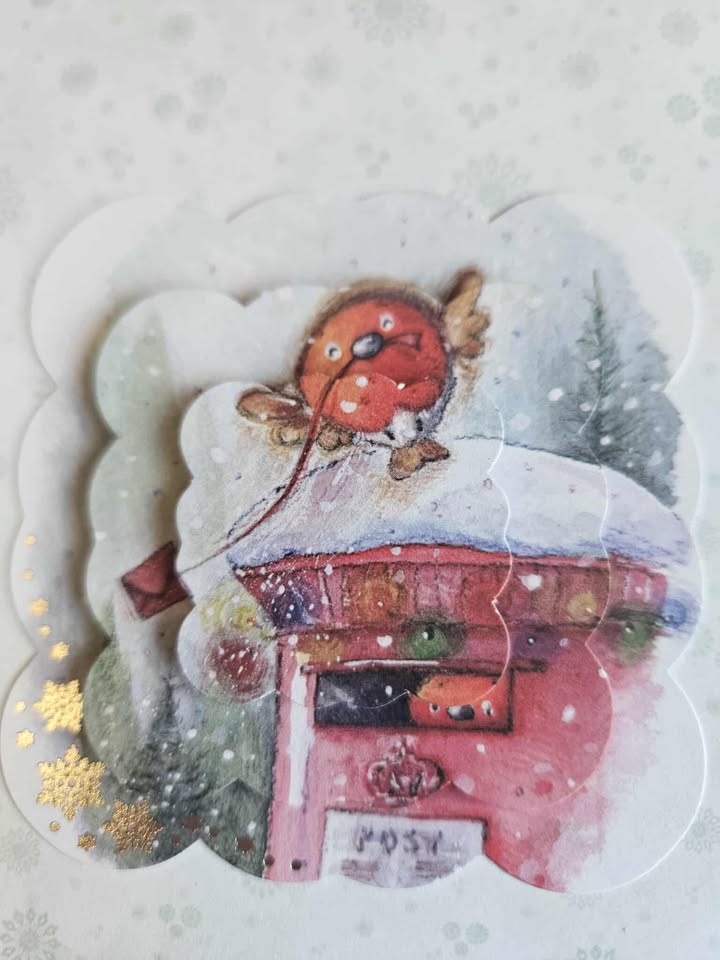 Silver & sage green postbox decoupage christmas card 15cm x 15cm
