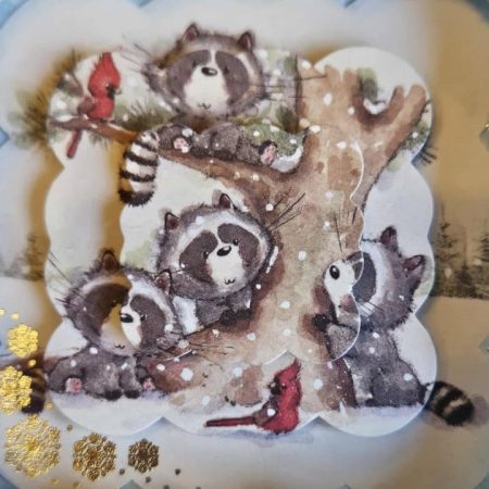 Silver & blue raccoon family decoupage christmas card 15cm x 15cm