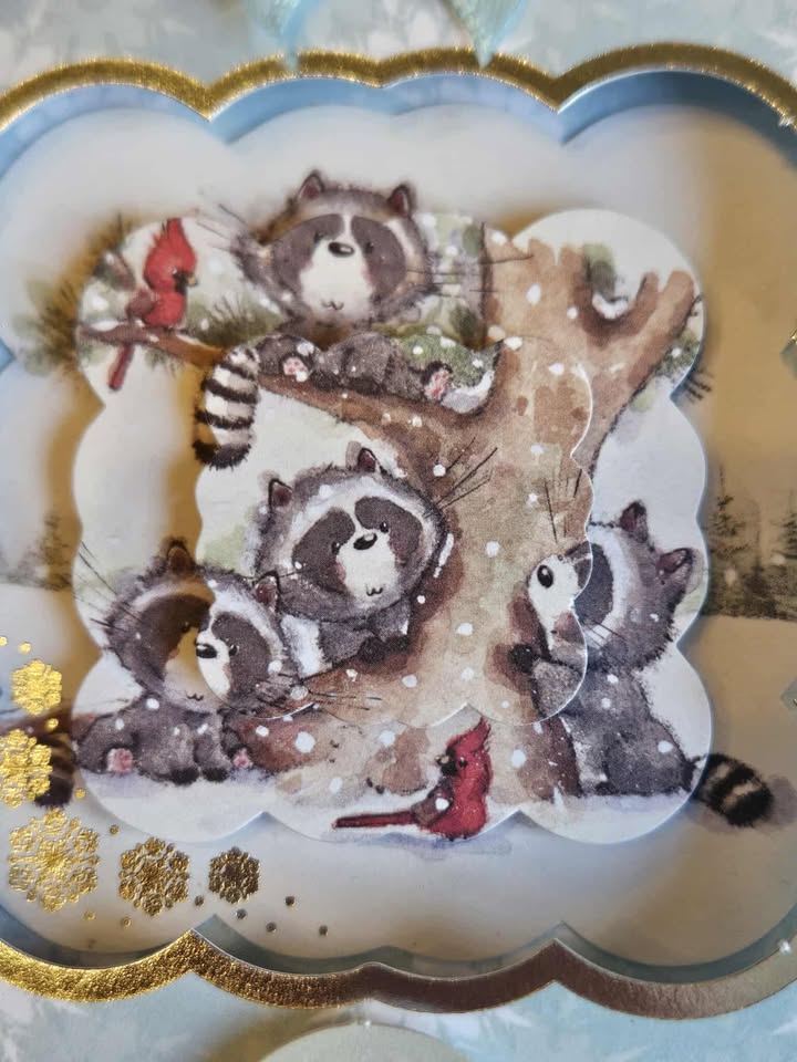 Silver & blue raccoon family decoupage christmas card 15cm x 15cm