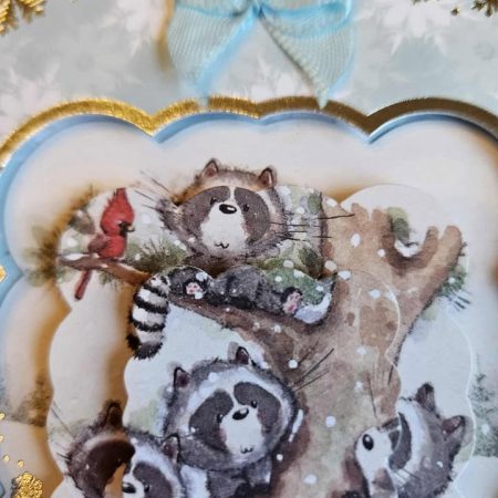 Silver & blue raccoon family decoupage christmas card 15cm x 15cm