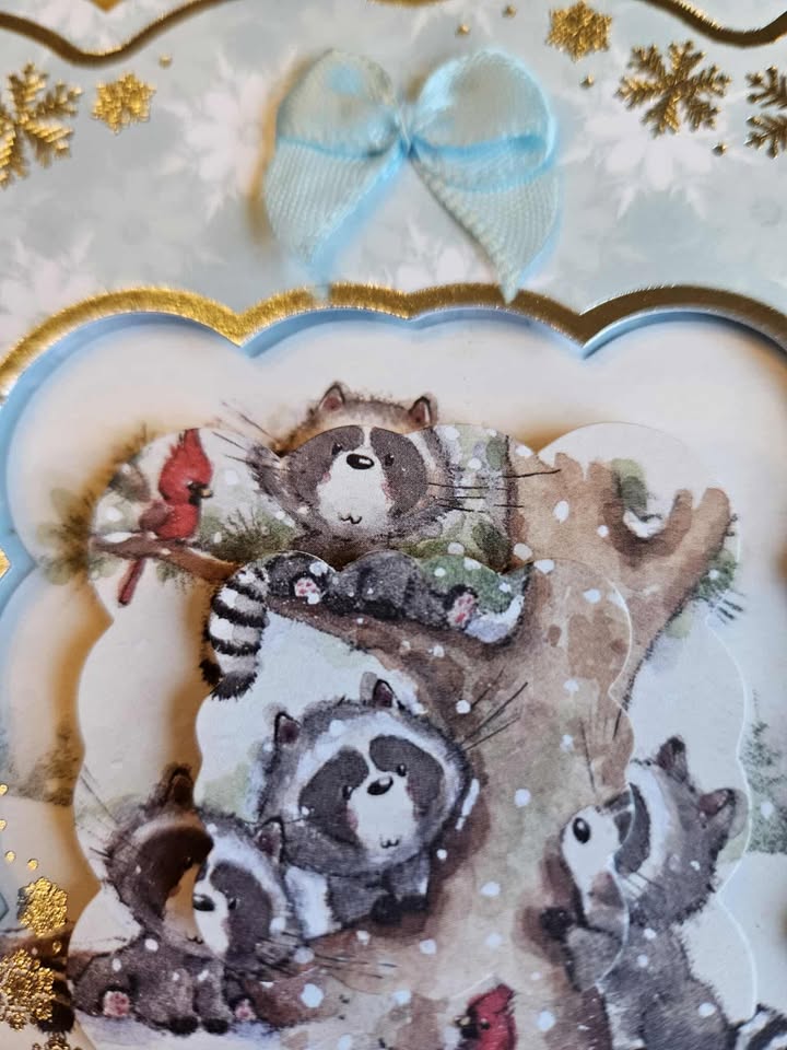 Silver & blue raccoon family decoupage christmas card 15cm x 15cm