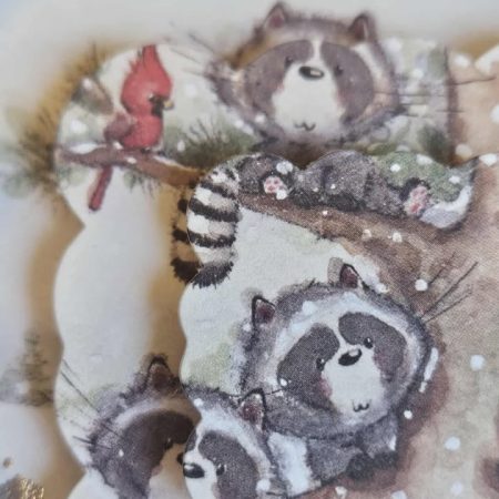 Silver & blue raccoon family decoupage christmas card 15cm x 15cm
