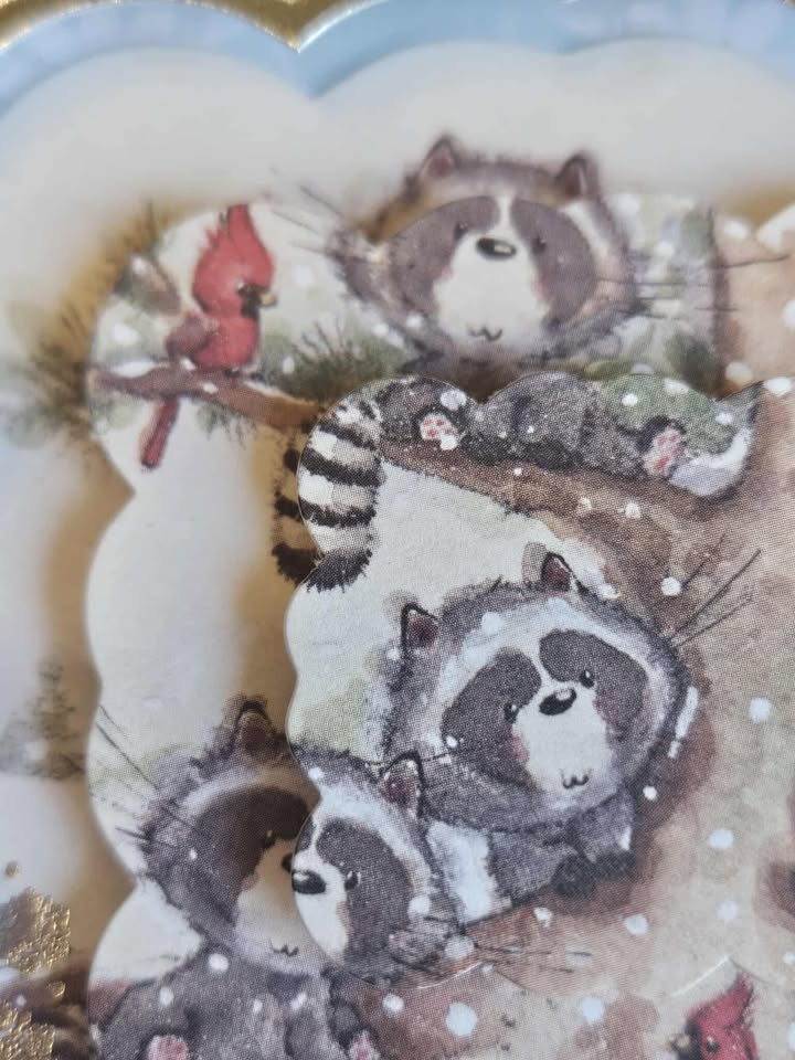 Silver & blue raccoon family decoupage christmas card 15cm x 15cm