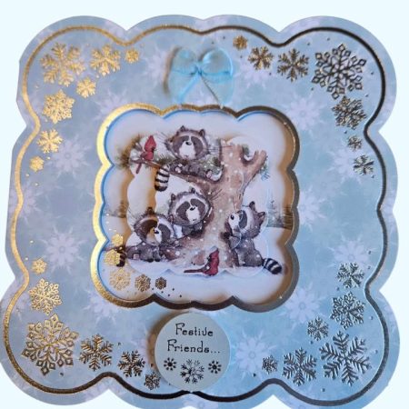 Silver & blue raccoon family decoupage christmas card 15cm x 15cm