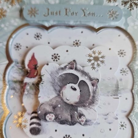 Silver & sage green raccoon decoupage christmas card 15cm x 15cm